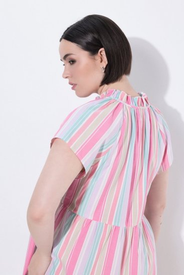 Ulla Popken 849969 Gestreepte midi-jurk met ruches Roze - Midi jurken - Midi-jurken in grote maten
