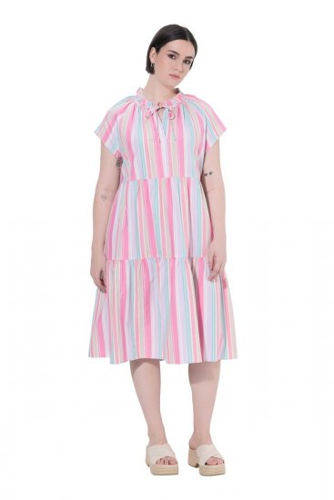 Ulla Popken 849969 Gestreepte midi-jurk met ruches Roze - Midi jurken - Midi-jurken in grote maten