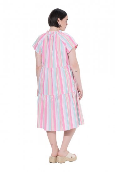Ulla Popken 849969 Gestreepte midi-jurk met ruches Roze - Midi jurken - Midi-jurken in grote maten