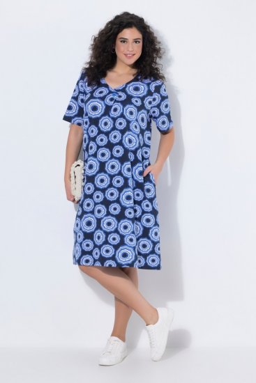 Ulla Popken 850121 Jersey jurk met korte mouwen en V-hals Blauw - Jersey jurken - 