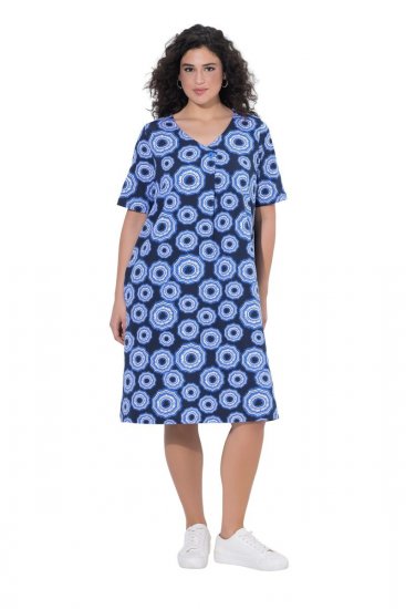 Ulla Popken 850121 Jersey jurk met korte mouwen en V-hals Blauw - Jersey jurken - 