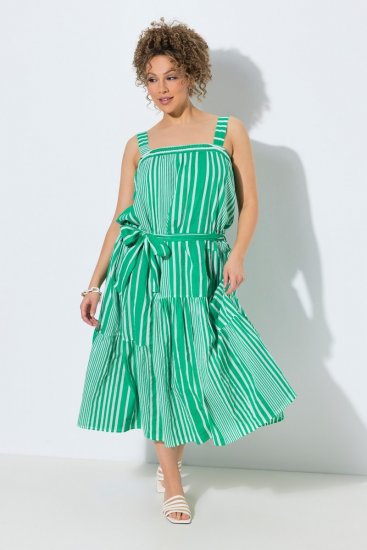 Ulla Popken 850197 Gestreepte jurk met ruches Groen - Zomerjurken - Grote maten zomerjurken voor dames