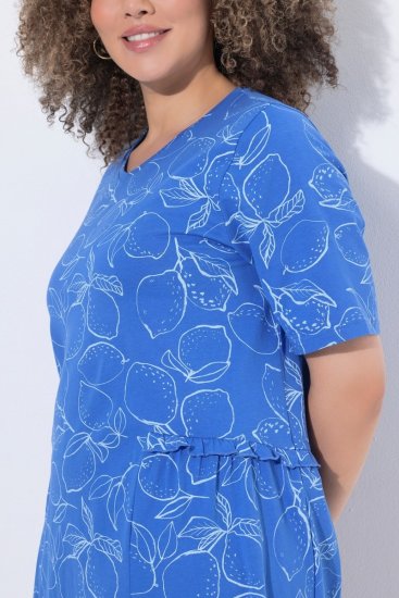 Ulla Popken 850204 Bedrukte T-shirtjurk met ruches Blauw - Jersey jurken - 