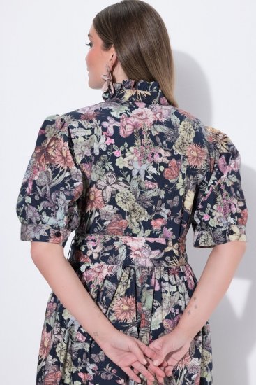 Ulla Popken 850298 Gebloemde blousejurk Donkerblauw - Maxi jurken - Grote maten maxi jurken