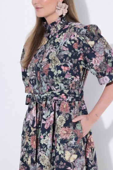 Ulla Popken 850298 Gebloemde blousejurk Donkerblauw - Maxi jurken - Grote maten maxi jurken