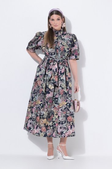 Ulla Popken 850298 Gebloemde blousejurk Donkerblauw - Maxi jurken - Grote maten maxi jurken