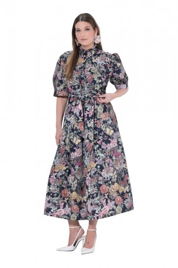 Ulla Popken 850298 Gebloemde blousejurk Donkerblauw - Maxi jurken - Grote maten maxi jurken