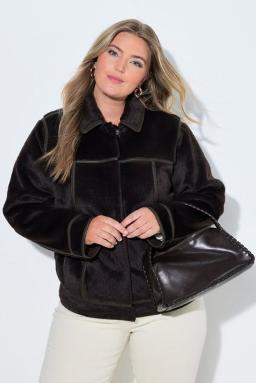 Ulla Popken 850310 Jas van imitatiebont Donkerbruin - Jassen - Grote maten jassen voor dames