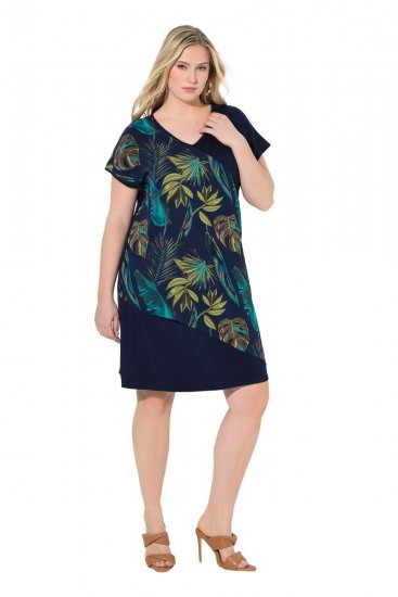 Ulla Popken 850393 Bedrukte chiffon jurk Donkerblauw - Zomerjurken - Grote maten zomerjurken voor dames