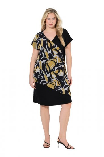 Ulla Popken 850406 Bedrukte chiffon jurk Zwart - Kleedjes - Jurken in elke maat