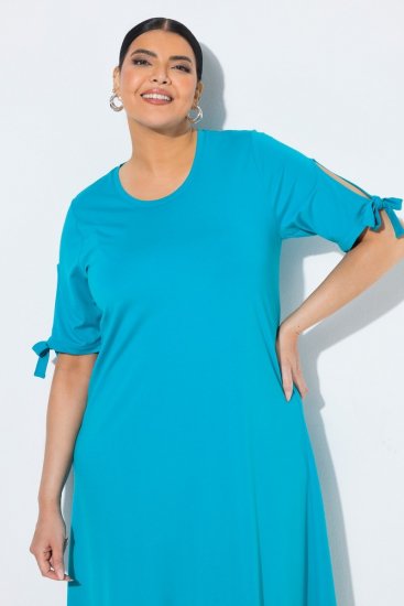 Ulla Popken 850724 Midi-jurk met korte mouwen en strikceintuur Turquoise - Midi jurken - Midi-jurken in grote maten