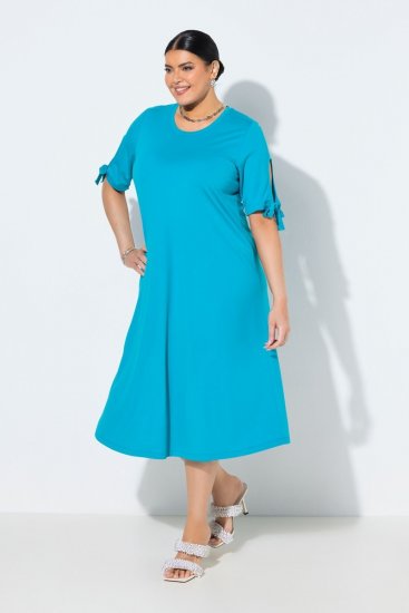 Ulla Popken 850724 Midi-jurk met korte mouwen en strikceintuur Turquoise - Midi jurken - Midi-jurken in grote maten