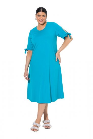 Ulla Popken 850724 Midi-jurk met korte mouwen en strikceintuur Turquoise - Midi jurken - Midi-jurken in grote maten