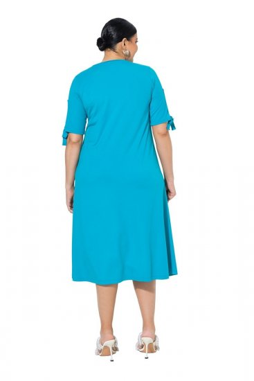 Ulla Popken 850724 Midi-jurk met korte mouwen en strikceintuur Turquoise - Midi jurken - Midi-jurken in grote maten