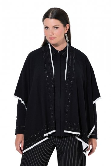 Ulla Popken 851127 Open gebreide poncho met strassrand Zwart - Poncho's & capes - 