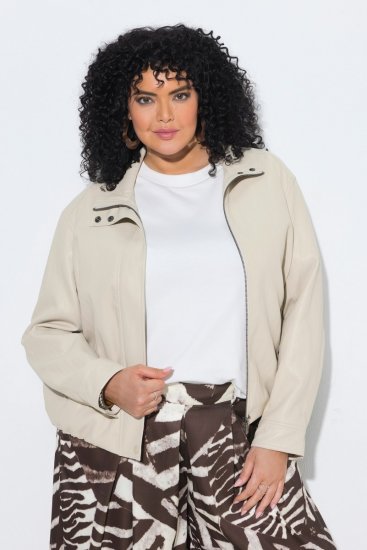 Ulla Popken 851329 Bikerjack met leerlook en rits Taupe - Jassen - Grote maten jassen voor dames