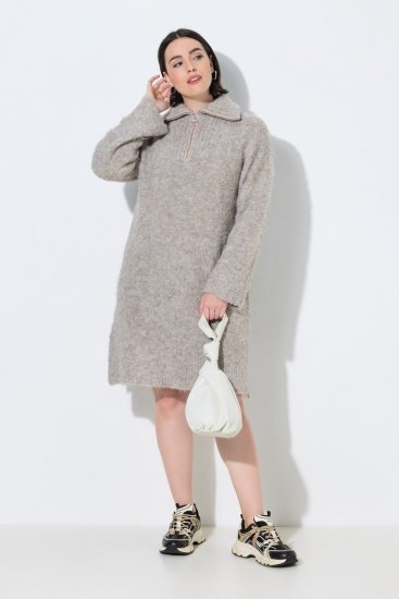 Ulla Popken 851563 Gebreide jurk met lange mouwen Beige - Kleedjes - Jurken in elke maat
