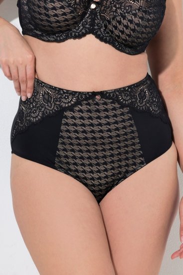 Ulla Popken 851700 Geruite slips met hoge taille en kant Zwart - Slips - 