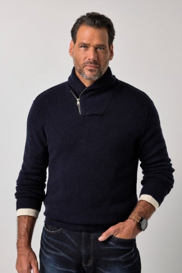 JP1880 851795 Gebreide trui met sjaalkraag Donkerblauw TALL - TALL sweatshirts - TALL sweatshirts voor lange mannen