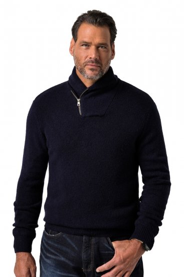 JP1880 851795 Gebreide trui met sjaalkraag Donkerblauw TALL - TALL sweatshirts - TALL sweatshirts voor lange mannen