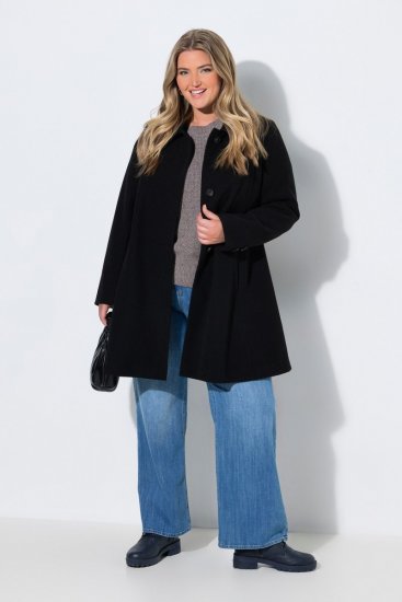 Ulla Popken 851827 Uitlopende jas met wollook Zwart - Jassen - Grote maten dames jassen