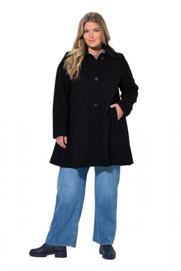 Ulla Popken 851827 Uitlopende jas met wollook Zwart - Jassen - Grote maten dames jassen