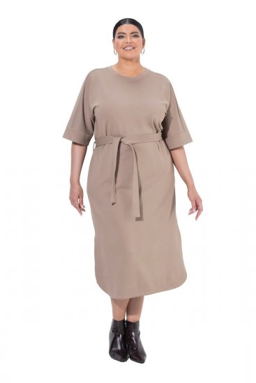 Ulla Popken 852288 Midi-jurk met korte mouwen en strikceintuur Lichtbruin - Midi jurken - Midi-jurken in grote maten