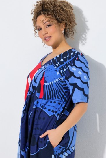 Ulla Popken 852394 Midi-jurk met korte mouwen en V-hals Donkerblauw - Midi jurken - Midi-jurken in grote maten