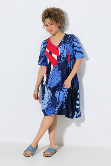 Ulla Popken 852394 Midi-jurk met korte mouwen en V-hals Donkerblauw - Midi jurken - Midi-jurken in grote maten