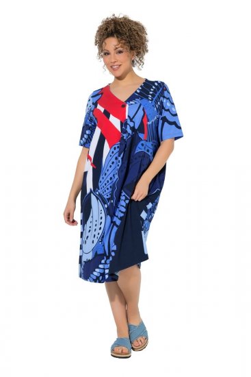 Ulla Popken 852394 Midi-jurk met korte mouwen en V-hals Donkerblauw - Midi jurken - Midi-jurken in grote maten