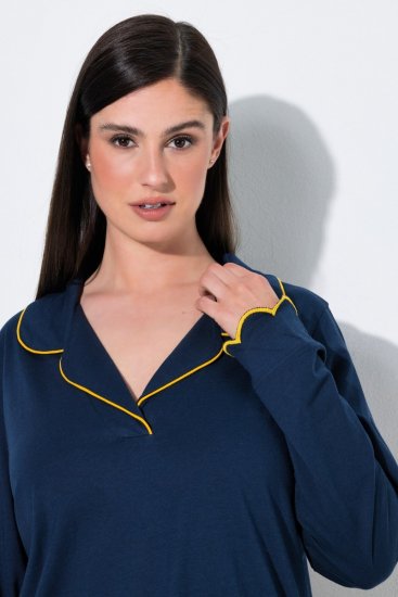 Ulla Popken 852573 Pyjama met overhemdkraag Donkerblauw - Pyjama's en Loungewear - 