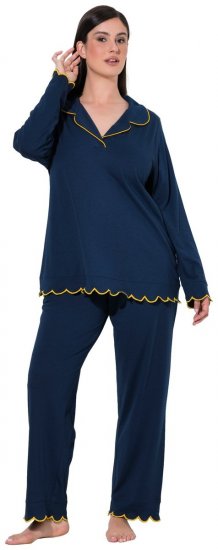 Ulla Popken 852573 Pyjama met overhemdkraag Donkerblauw - Pyjama's en Loungewear - 