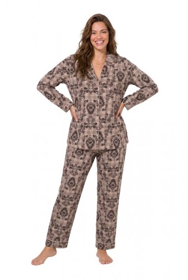 Ulla Popken 852649 Pyjama met print en overhemdkraag Bruin - Pyjama's en Loungewear - 
