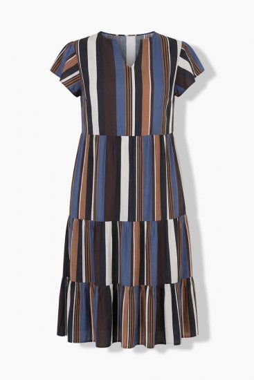 Ulla Popken 852771 Gestreepte jurk met ruches Donkerblauw - Kleedjes - Jurken in elke maat