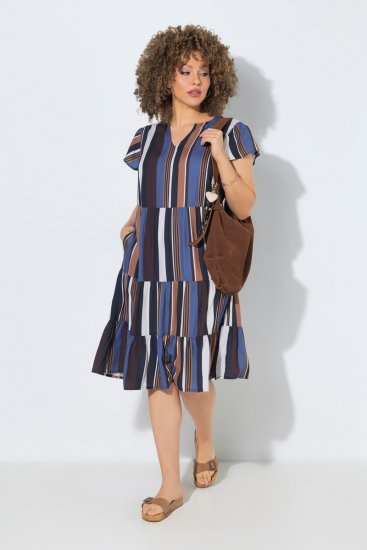 Ulla Popken 852771 Gestreepte jurk met ruches Donkerblauw - Kleedjes - Jurken in elke maat