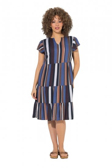 Ulla Popken 852771 Gestreepte jurk met ruches Donkerblauw - Kleedjes - Jurken in elke maat