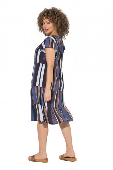 Ulla Popken 852771 Gestreepte jurk met ruches Donkerblauw - Kleedjes - Jurken in elke maat