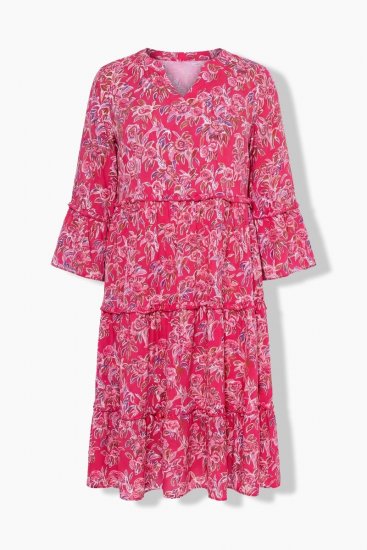 Ulla Popken 852841 Gebloemde jurk met ruches Magenta - Midi jurken - Midi-jurken in grote maten