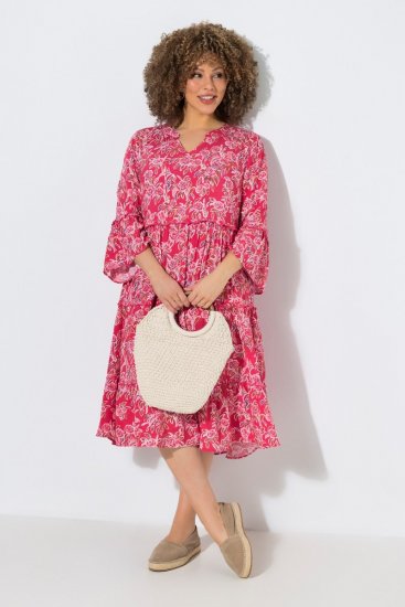 Ulla Popken 852841 Gebloemde jurk met ruches Magenta - Midi jurken - Midi-jurken in grote maten