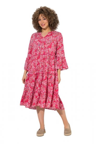 Ulla Popken 852841 Gebloemde jurk met ruches Magenta - Midi jurken - Midi-jurken in grote maten
