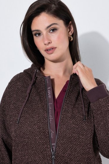 Ulla Popken 853577 Gebreide fleecejas met capuchon en print Mahoniebruin - Fleecekleding - 