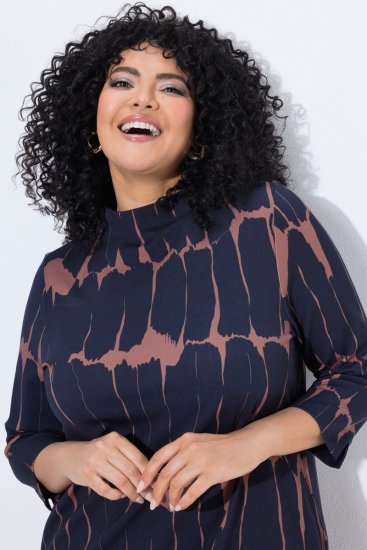 Ulla Popken 853590 Bedrukte jersey jurk met driekwartmouwen Donkerblauw - Kleedjes - Jurken in elke maat