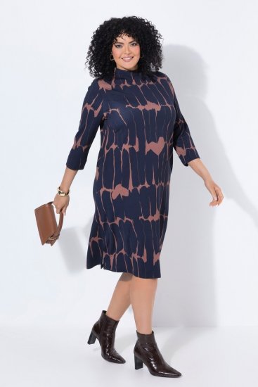 Ulla Popken 853590 Bedrukte jersey jurk met driekwartmouwen Donkerblauw - Kleedjes - Jurken in elke maat