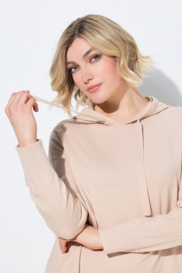Ulla Popken 853669 Gebreide jurk met lange mouwen en capuchon Beige - Midi jurken - Midi-jurken in grote maten