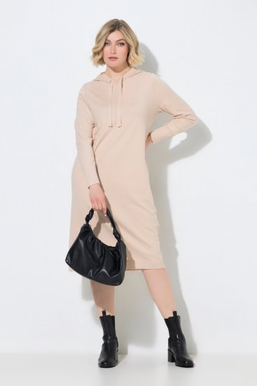 Ulla Popken 853669 Gebreide jurk met lange mouwen en capuchon Beige - Midi jurken - Midi-jurken in grote maten