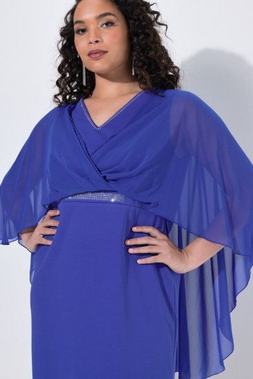 Ulla Popken 853675 Chiffon jurk met driekwartmouwen Blauw - Avondjurken - Grote maten avondkleding