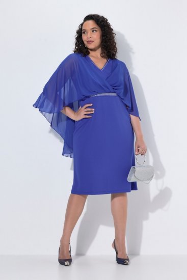 Ulla Popken 853675 Chiffon jurk met driekwartmouwen Blauw - Avondjurken - Grote maten avondkleding