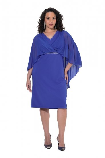 Ulla Popken 853675 Chiffon jurk met driekwartmouwen Blauw - Avondjurken - Grote maten avondkleding