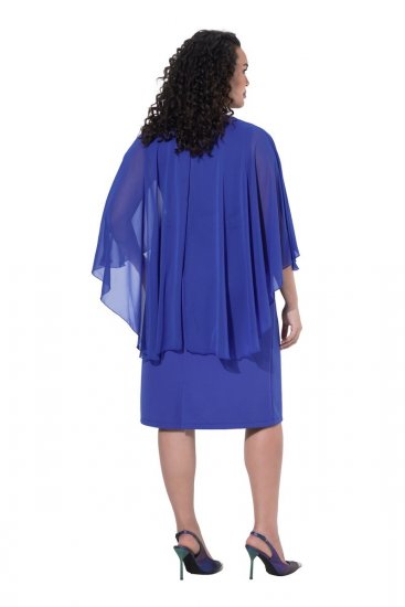 Ulla Popken 853675 Chiffon jurk met driekwartmouwen Blauw - Avondjurken - Grote maten avondkleding
