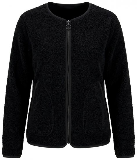 Ulla Popken 853685 Korte teddyjas met leerlook-bies Zwart - Jassen - Grote maten jassen voor dames